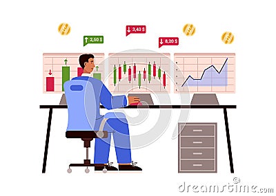 Male trader checking stock exchange graphs on multiple computer screens, flat vector illustration isolated on white. Vector Illustration