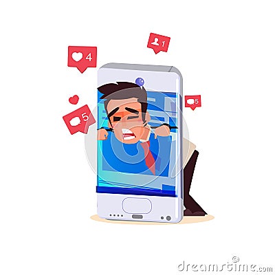 Male trapped in smartphone. smartphone addict concept - vector illustration Stock Photo