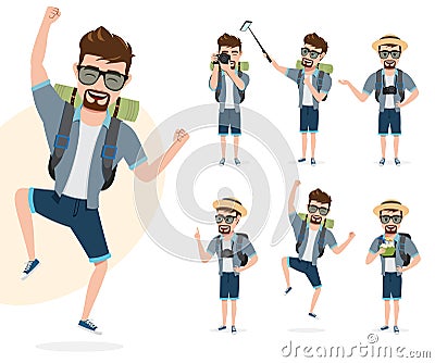 Male travel characters vector set. Man tourist traveler character in happy jumping and standing poses for summer adventure. Vector Illustration