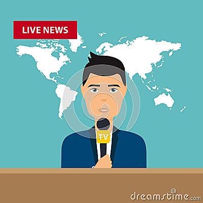 Male TV presenters sit at the table. Live news. News of the world. Flat design modern vector illustration concept. Vector Illustration