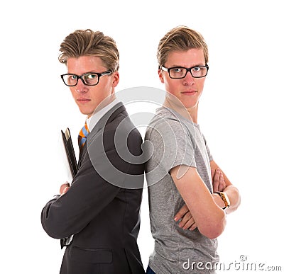 Male twins in Black tie and casual suit Stock Photo