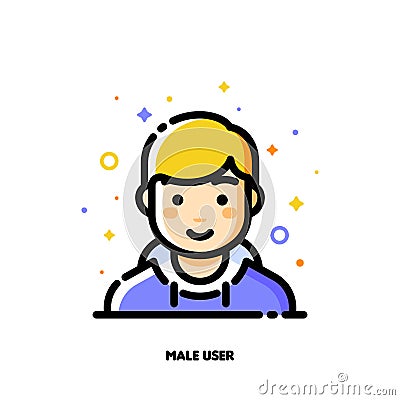 Male user avatar. Icon of cute boy face. Flat filled outline Vector Illustration