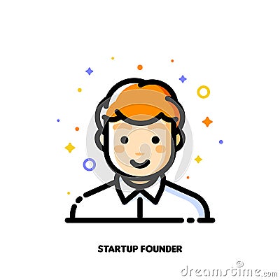 Male user avatar of startup founder. Icon of cute boy face Vector Illustration