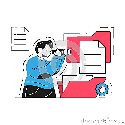 Male user searching information in cyberspace software folder file use binoculars vector flat Vector Illustration