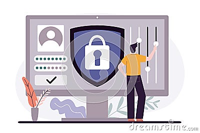 Male user setting private account. Concept of personal data protection and secure sign-in. Users use secure login and Vector Illustration