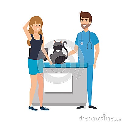 Male veterinary doctor with cat and owner Vector Illustration