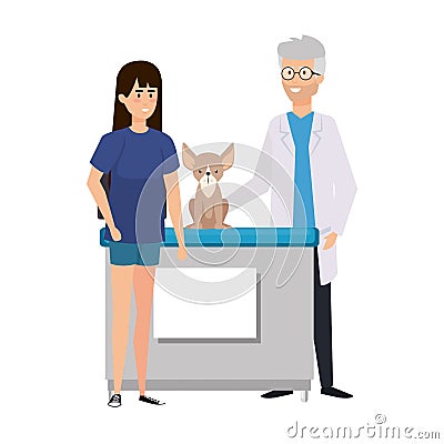 Male veterinary doctor with dog and owner Vector Illustration