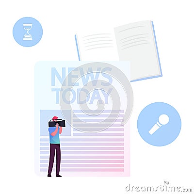 Male Videographer or Blogger Record Video Movie or Reportage on Camera at Background with Huge Newspaper. Social Media Vector Illustration