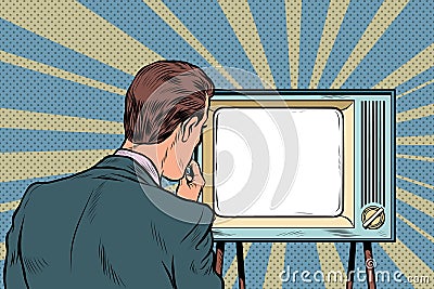 Male viewer watching TV. Television propaganda, film and news Vector Illustration