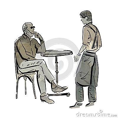 Male visitor and waiter in cafe. Watercolor monochrome sketch. Vector illustration. Vector Illustration