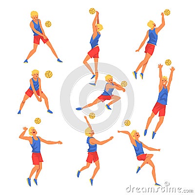 Male Volleyball Player Playing witn Ball Set, Professional Sportsman Character Wearing Sports Uniform Vector Vector Illustration