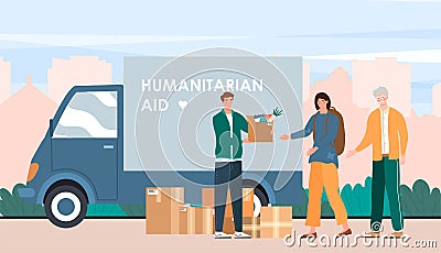 Male volunteer gives box of humanitarian aid to a woman Vector Illustration