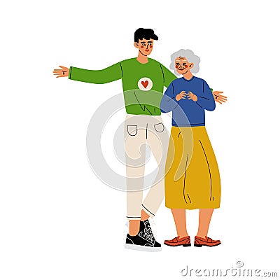 Male Volunteer Helping Old Lady, Social Worker, Volunteering, Charity and Supporting People Vector Illustration Vector Illustration