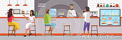 Male waiter working in modern cafe. Guy serves cocktail to guests. People order food at checkout Vector Illustration