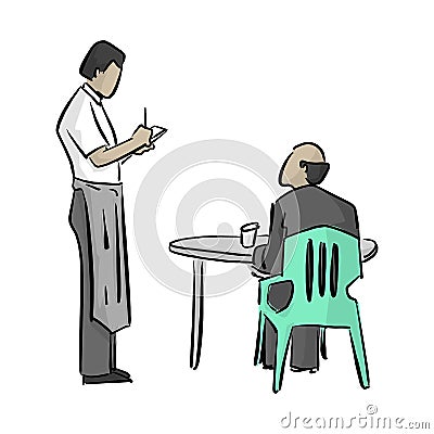 Male waiter writing a note vector illustration with black lines isolated on white background Vector Illustration