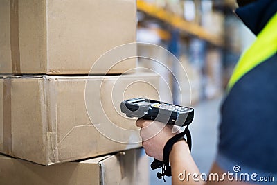 Male warehouse worker with barcode scanner. Stock Photo