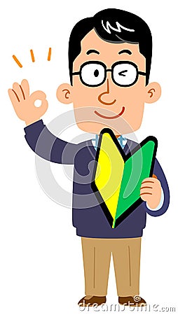 Male wearing glasses with a beginner`s mark and an OK sign Vector Illustration