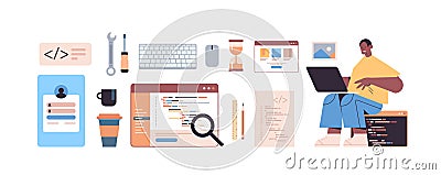 Male web developer using laptop creating program code development of software and programming icons set Vector Illustration