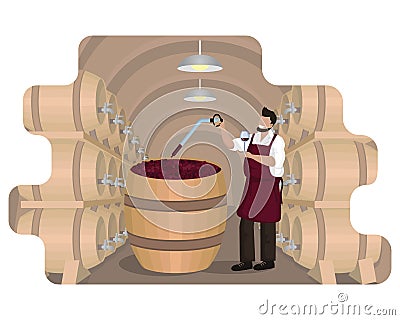 Male winemaker checks wine during fermentation process in large wooden vat at wine cellar with oak barrels Vector Illustration