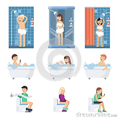 Male and women take a shower in bathroom. Flat illustrations of flat peoples Vector Illustration