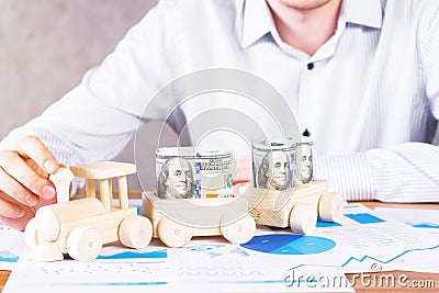 Male with wooden train Stock Photo