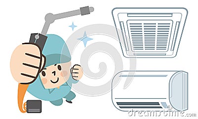 Male worker cleaning the air conditioner Vector Illustration