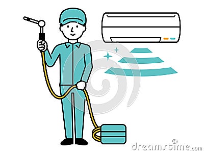 Male worker cleaning the air conditioner Vector Illustration