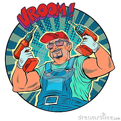 A male worker with a drill. Carpenter or builder, repair. Home power tools Vector Illustration