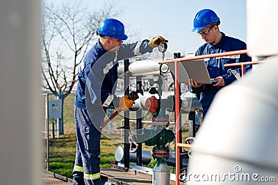 Male worker inspection visual pipeline oil and gas Stock Photo