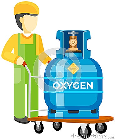 Male worker transporting gas cylinder, canister with oxygen, metal tank on warehouse trolley Vector Illustration