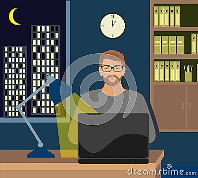 Male working late on her laptop. Vector Illustration
