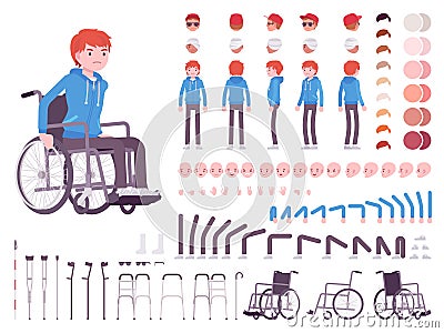 Male young wheelchair user character creation set Vector Illustration