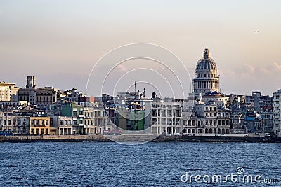 Malecon Havana with colonial buildings and Capitolio, Cuba, seen from seaside Editorial Stock Photo