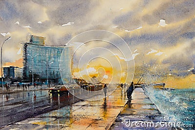 Malecon,Havana watercolors painted. Stock Photo