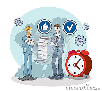 Males checking checklist with different work tasks, working. Time organization and management Vector Illustration