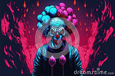 malevolent clown with burning balloon against fiery background Stock Photo