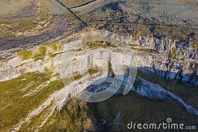 Aeriel Malham Cove is a large curved limestone formation 0.6 miles north of the village of Malham, North Yorkshire Stock Photo