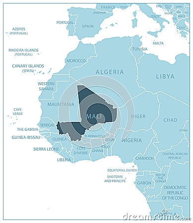 Mali - blue map with neighboring countries and names Cartoon Illustration