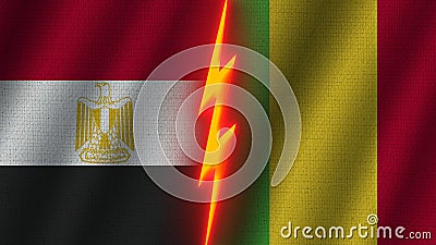 Mali and Egypt Flags Together, Fabric Texture, Thunder Icon, 3D Illustration Stock Photo