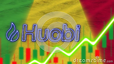 Mali Flag with Neon Light Effect Huobi Logo Radial Blur Effect Fabric Texture 3D Illustration Stock Photo