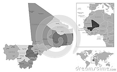 Mali - highly detailed black and white map. Vector Illustration