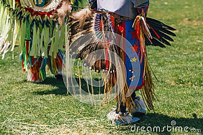 Powwow. Native Americans dressed in full regalia. Details of regalia close up. Chumash Day Powwow Editorial Stock Photo