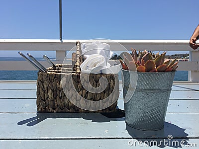 Malibu pier farm brunch beach ocean view coffee breakfast Stock Photo