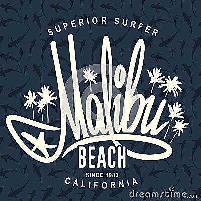 Malibu surf typography, vector t-shirt print design Vector Illustration