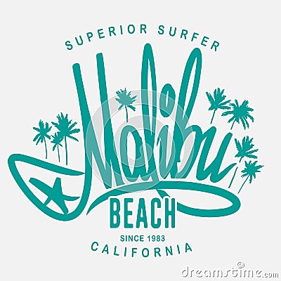 Malibu surf typography, vector t-shirt print design Vector Illustration