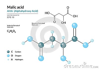 Malic acid. AHA Alphahydroxy acid. Structural chemical formula and molecule 3d model. Atoms with color coding. Vector Vector Illustration