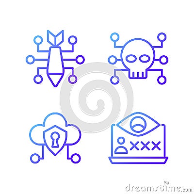 Malicious online activity pixel perfect gradient linear vector icons set Vector Illustration