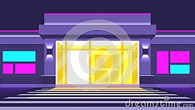 Mall entrance on the showcase of open night store Vector Illustration