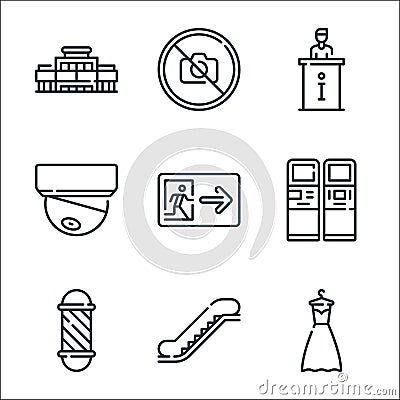 mall line icons. linear set. quality vector line set such as dress, stairs, barbershop, atm, exit, cctv, information desk, no Vector Illustration