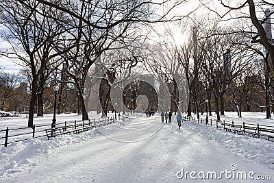 The Mall and Literary Walk at Central Park Covered with Snow during the Winter in New York City Editorial Stock Photo